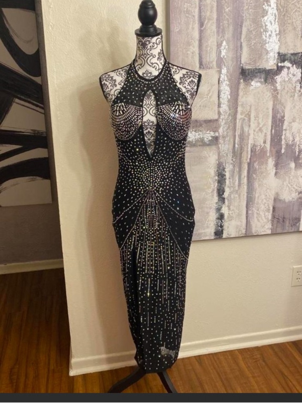 Banjul Black Beaded Halter Midi Dress
